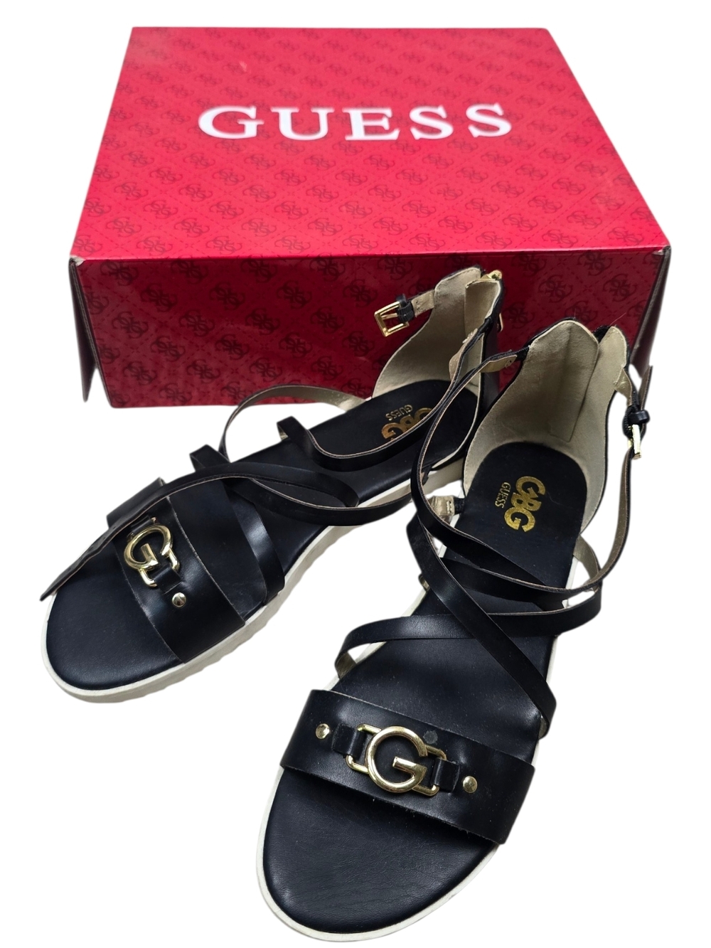 GUESS Black Leather Strappy Sandals with Gold G Accent